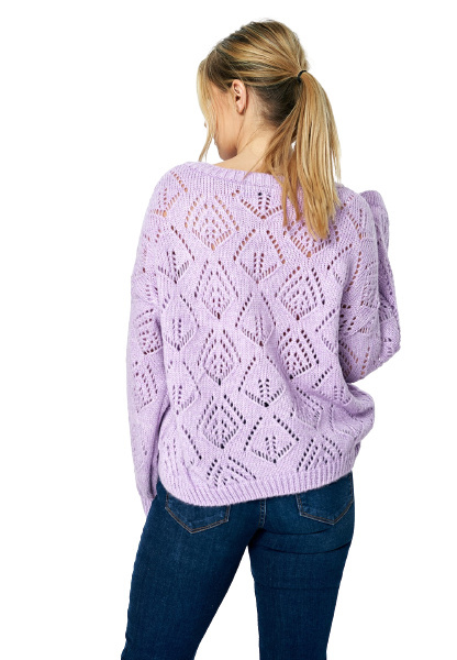 Sweter damski krótki ażurowy z półokrągłym dekoltem fioletowy